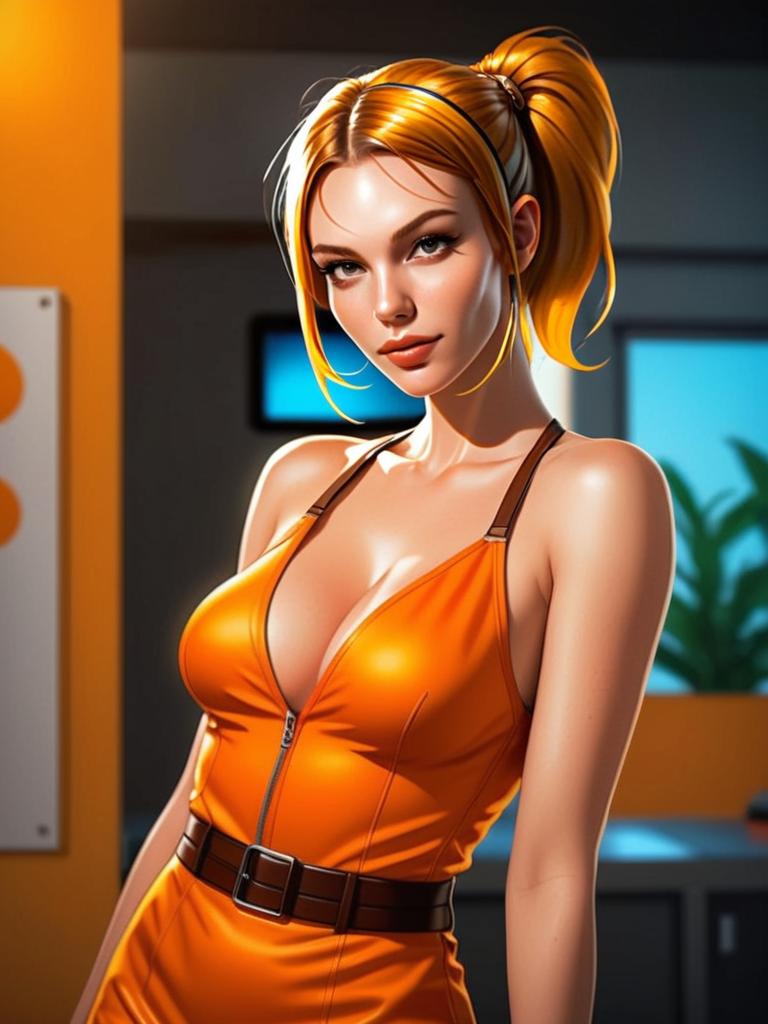 Confident Woman in Stylish Orange Dress Digital Illustration