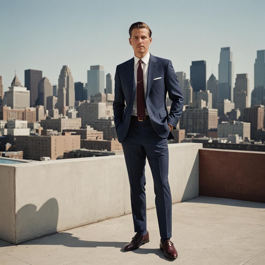 Confident Man in Suit on Rooftop with City Skyline