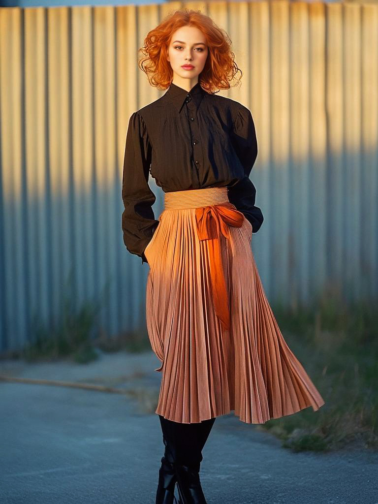 Elegant Woman in Black Shirt and Pleated Skirt