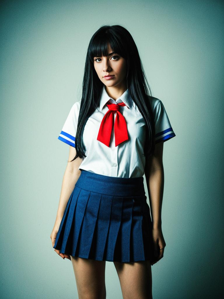 Photorealistic Cosplay Portrait of Woman in Japanese School Uniform Mini Skirt Costume