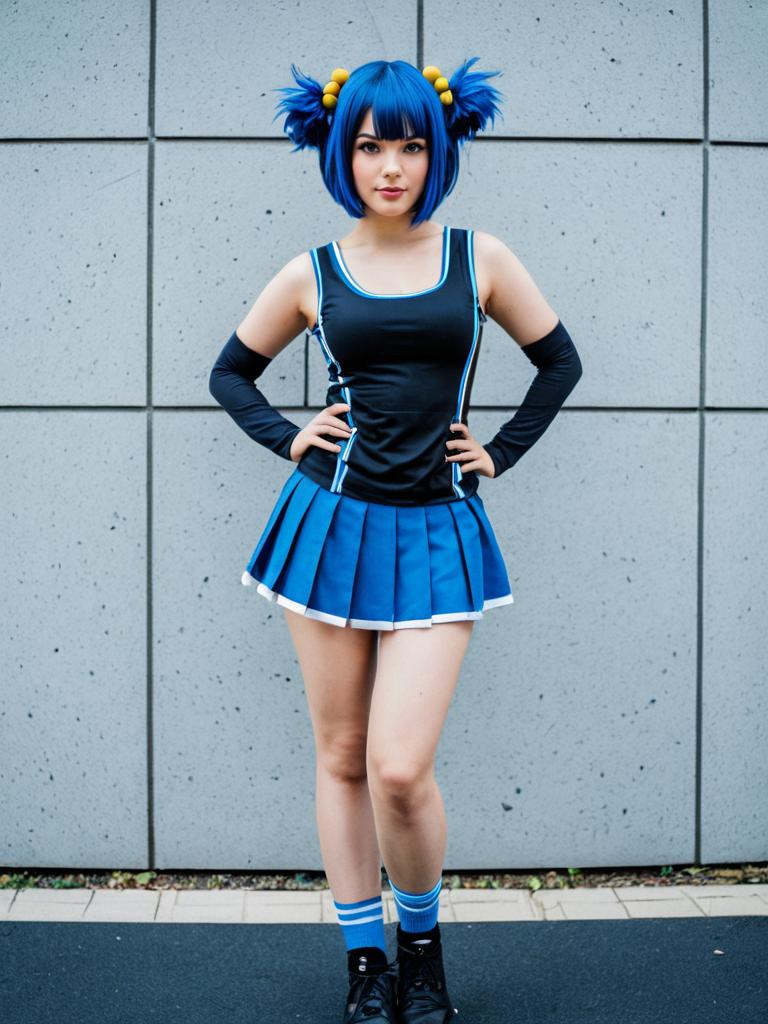 Woman in Blue Cosplay Outfit with Pleated Skirt and Playful Hair