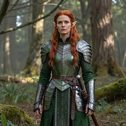 Elven Warrior Woman in Green Armor Standing in Forest