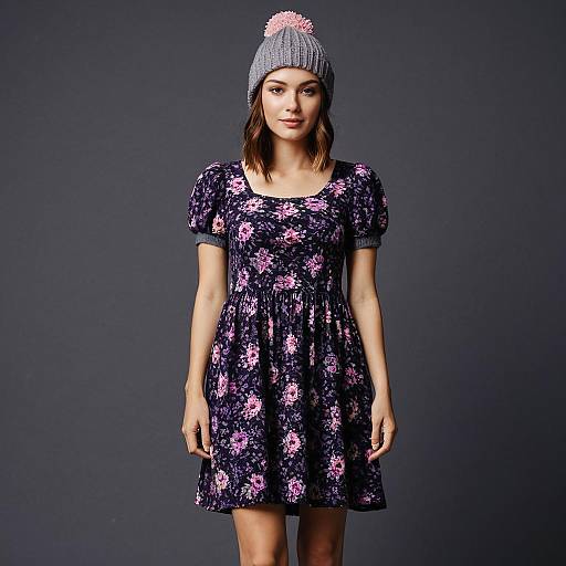 Woman Wearing Casual Bohemian Short A-Line Floral Dress with Gray Knit Hat