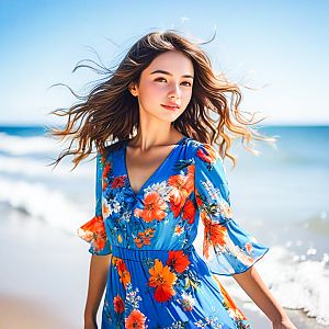 Young Woman in Blue Dress on Sunlit Beach