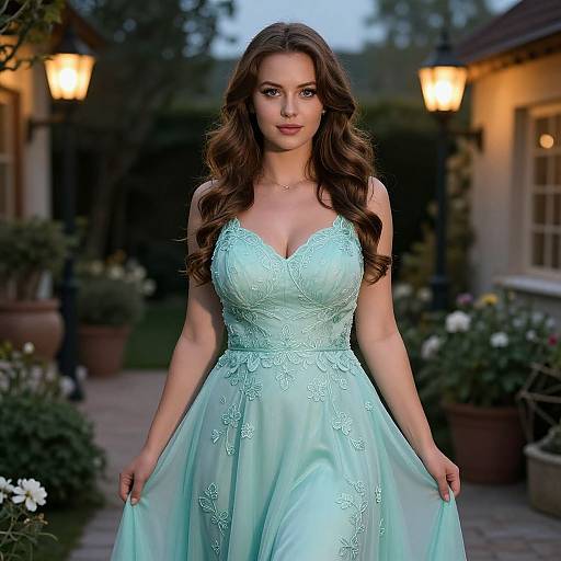 Elegant Woman in Light Blue Embroidered Gown Outdoors at Dusk