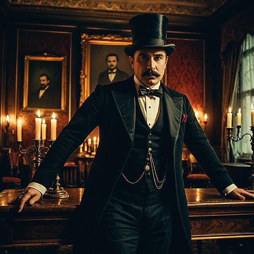 Victorian Gentleman in Elegant Attire with Top Hat in Classic Candlelit Room
