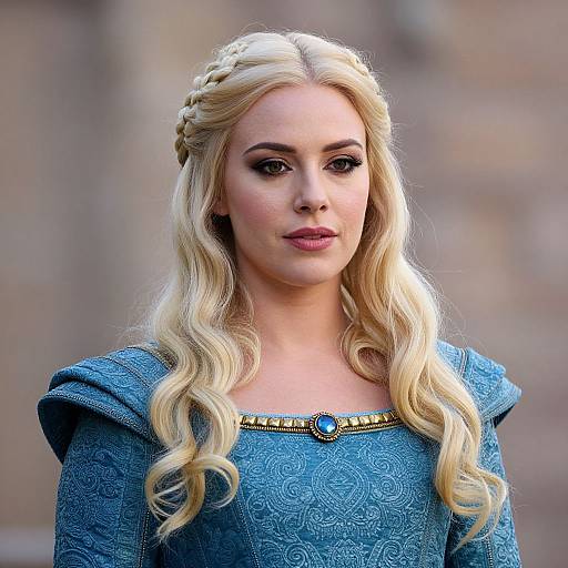 Blonde Woman in Blue Medieval Style Dress with Braided Hair