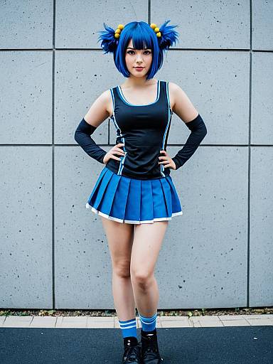 Woman in Blue Cosplay Outfit with Pleated Skirt and Playful Hair
