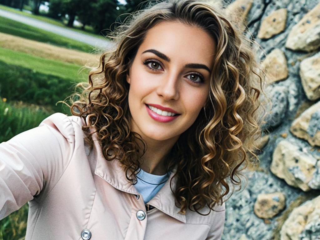 Cheerful Woman Selfie Against Stone Wall