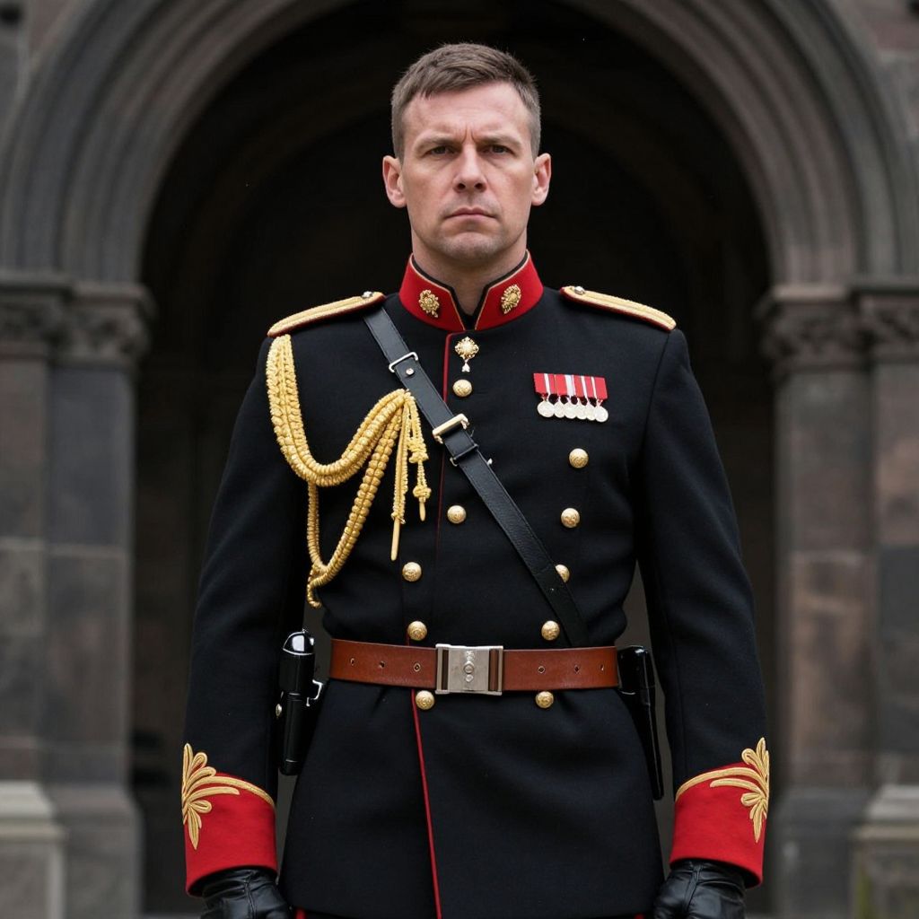 Man in Formal Military Uniform with Gold Braids and Medals