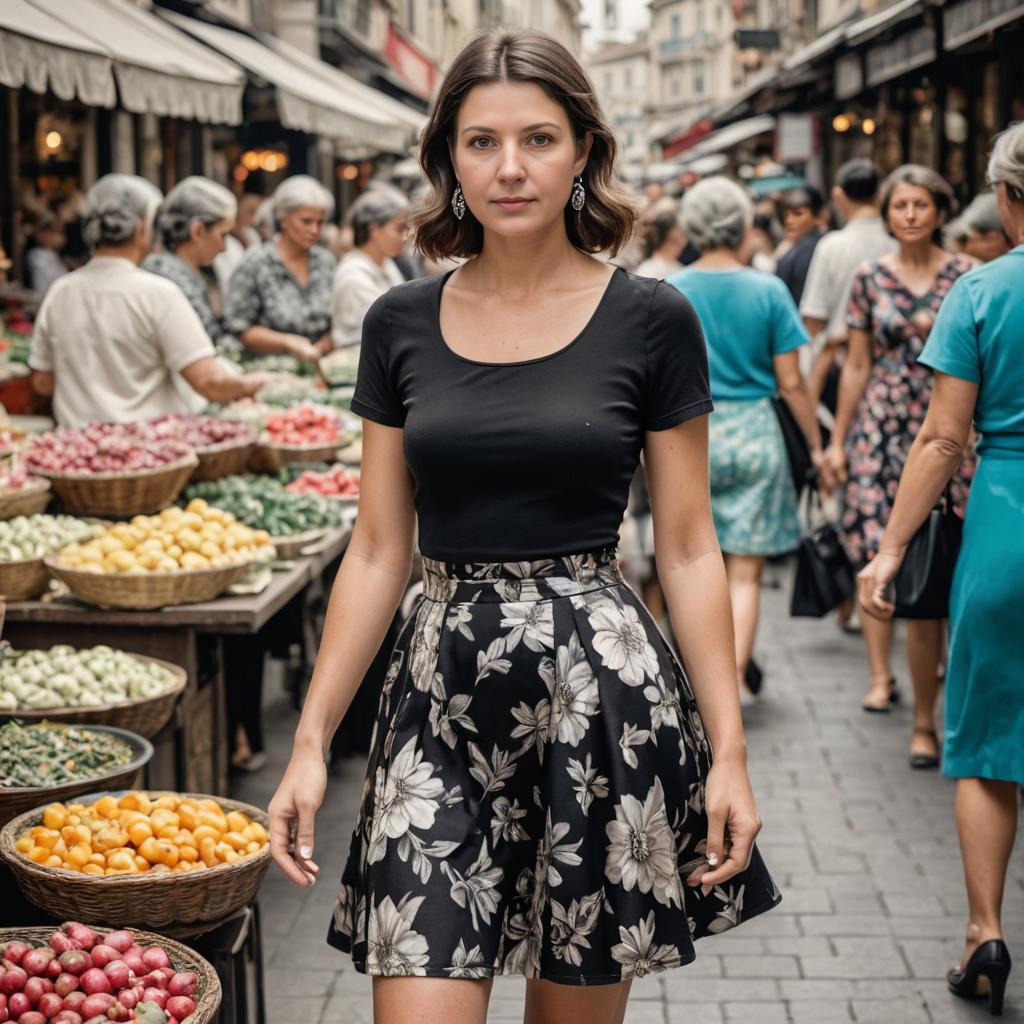 Woman in Stylish Black Top and Floral Skirt at Market