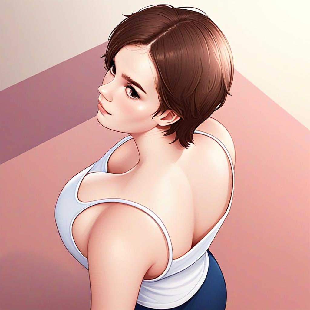Anime Style Woman in White Tank Top Looking Upward Digital Art