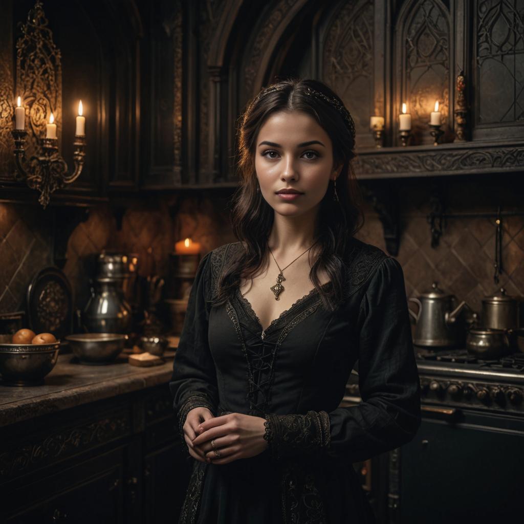 Elegant Woman in Cozy Vintage Kitchen