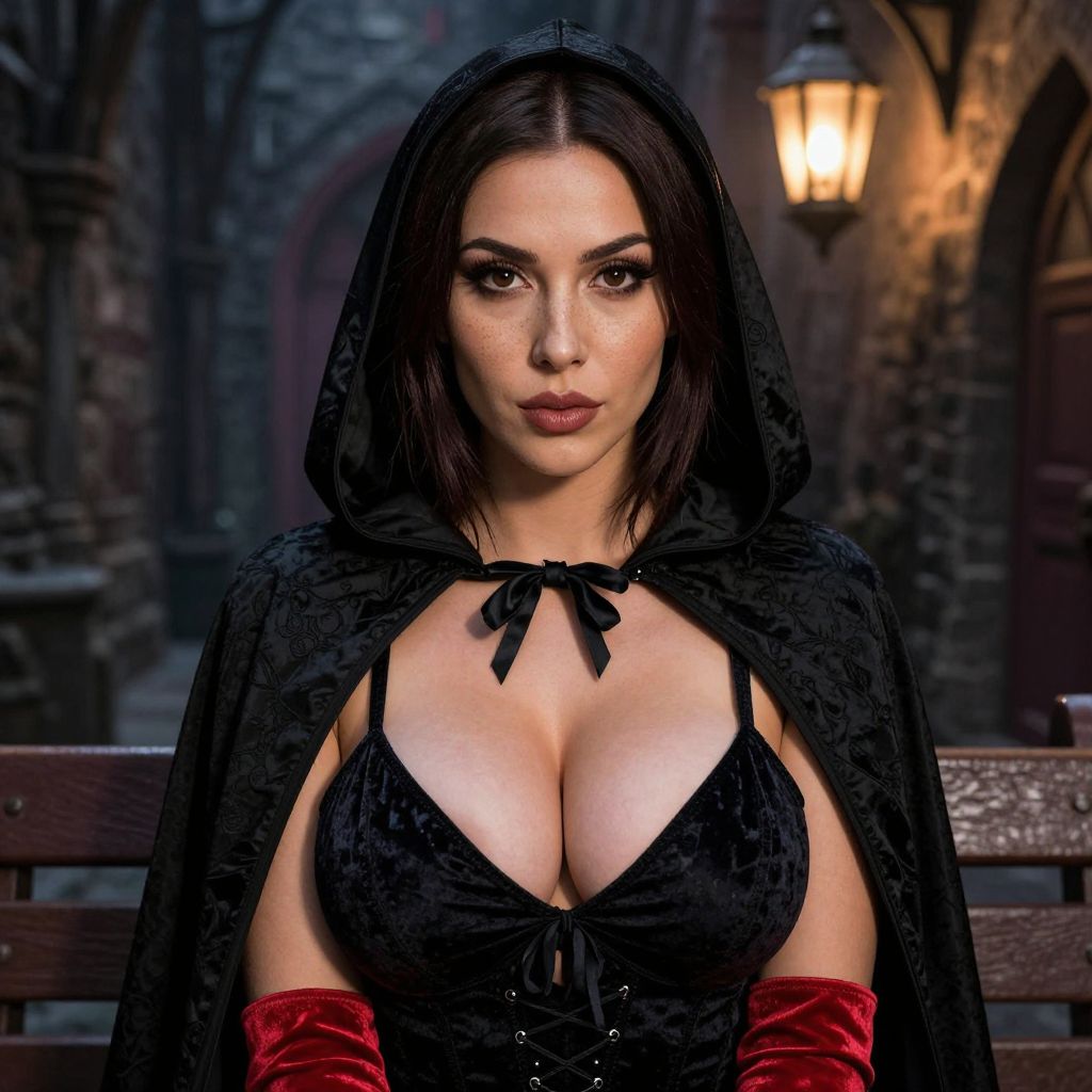 Woman in Black Velvet Hooded Cape with Red Gloves Gothic Style