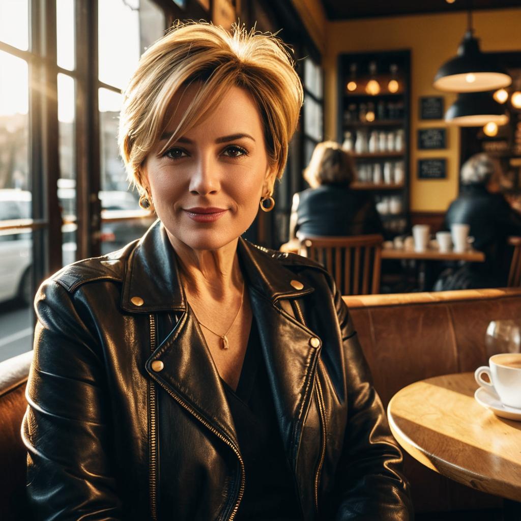 Stylish Woman in Black Leather Jacket in Cozy Café Setting