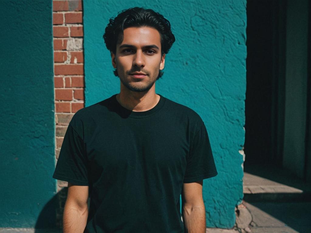 Confident Man in Black T-Shirt Against Brick Wall