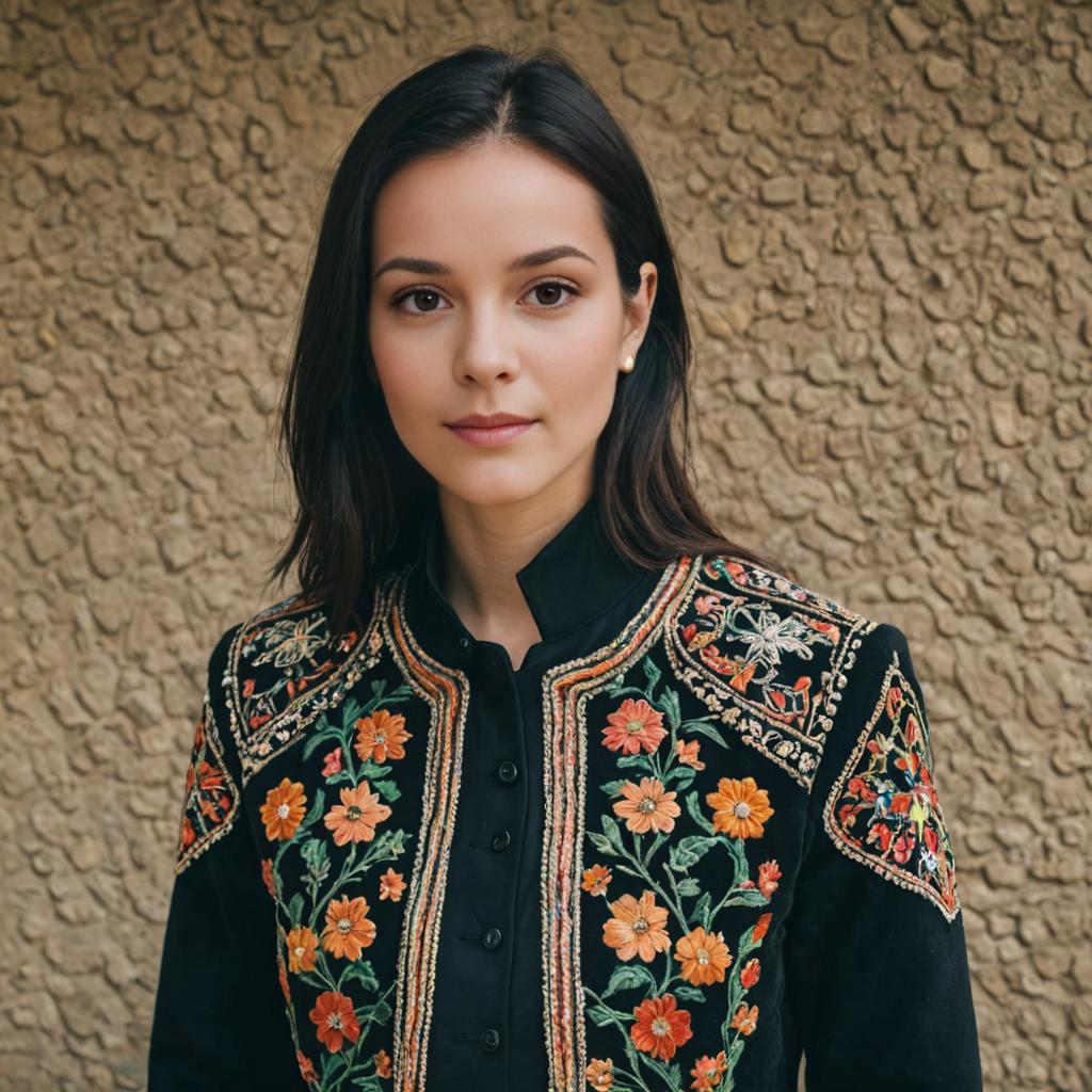 Confident Woman in Embroidered Floral Jacket