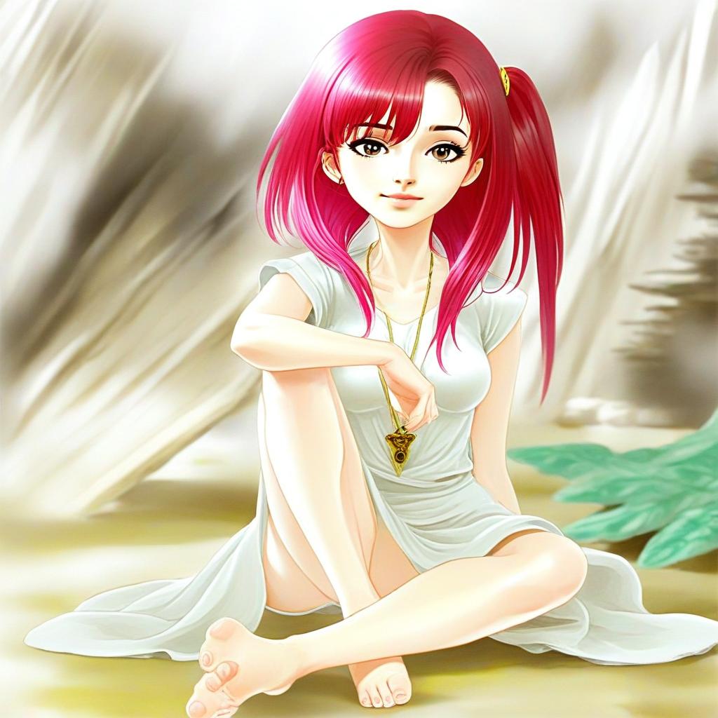 Anime Girl with Red Hair Sitting in White Dress Digital Art