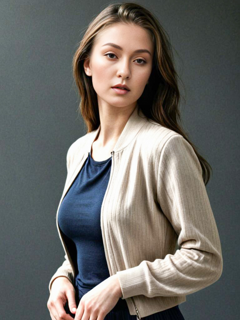 Stylish Woman in Chic Outfit Against Gray Background