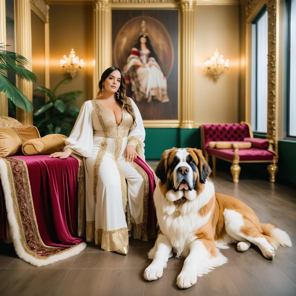 Elegant Woman in Gown with Saint Bernard