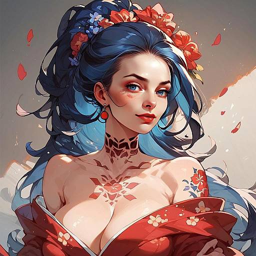 Anime Style Woman with Blue Hair and Red Floral Kimono Illustration
