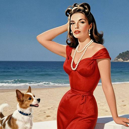 Vintage Glamorous Woman in Red Dress with Dog on Beach