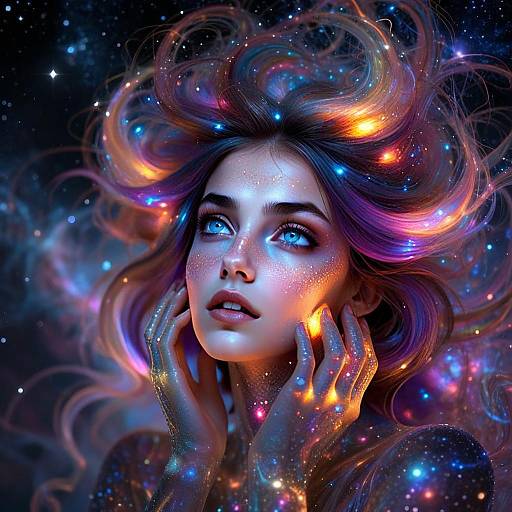 Cosmic Woman with Glowing Galaxy Hair and Starry Aura Digital Art