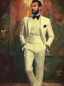 Stylish Man in White Tuxedo Against Elegant Background