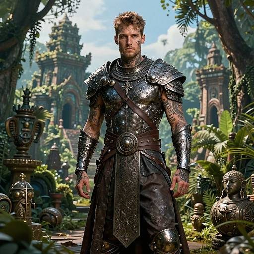 Fantasy Warrior Man in Medieval Armor at Ancient Jungle Temple
