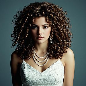 Young Woman with Curly Hair Wearing Elegant White Dress and Pearl Necklace