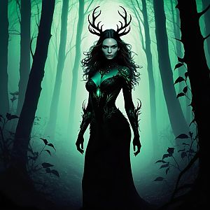 Mysterious Woman in Dark Forest with Antlers
