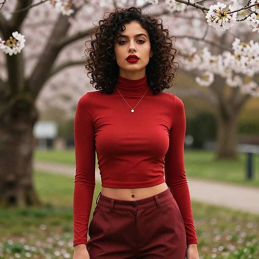 Confident Young Woman in Red Crop Top Among Cherry Blossoms