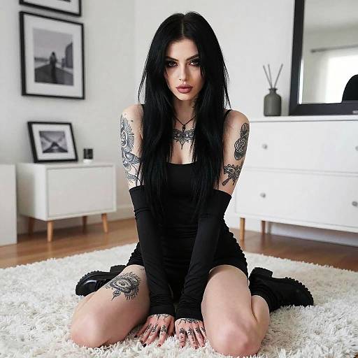 Gothic Style Woman with Tattoos Sitting on White Carpet in Minimalist Room