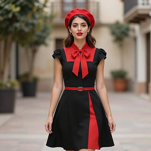 Elegant Woman in Black and Red Dress with Red Beret