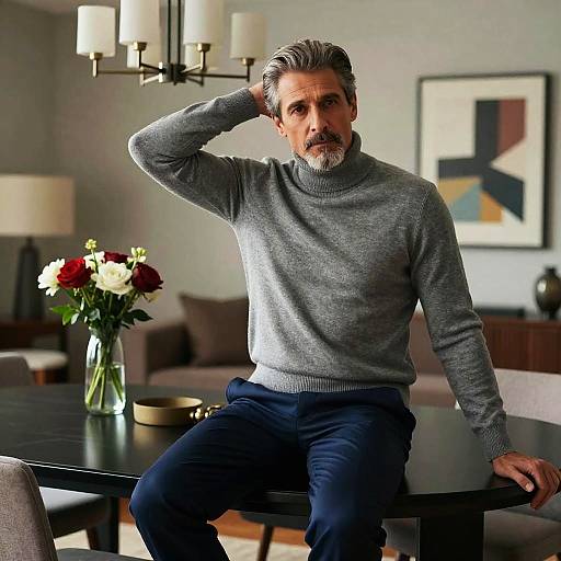 Mature Man in Grey Turtleneck Sweater Sitting on Dining Table