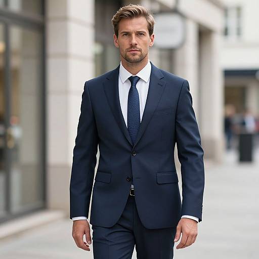 Confident Man in Tailored Navy Blue Suit Walking in Urban Street