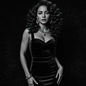 Glamorous Woman in Velvet Dress - Black and White Portrait
