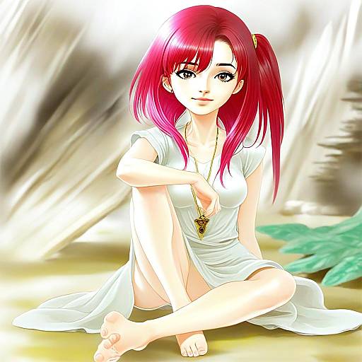 Anime Girl with Red Hair Sitting in White Dress Digital Art
