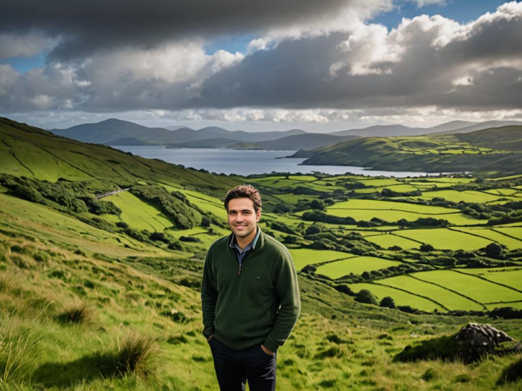 Man in Ring of Kerry, Ireland with Hills and Lake