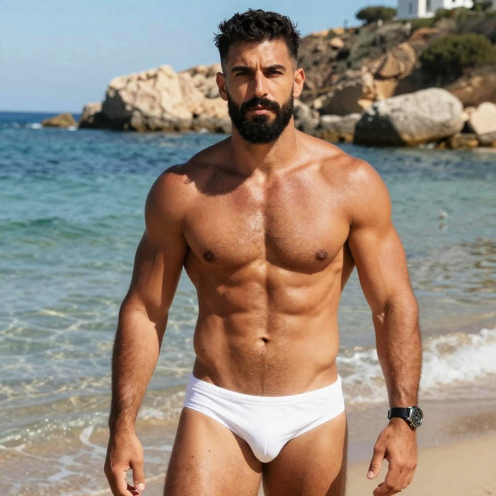 Fit Muscular Man in White Swim Briefs on Sunny Beach