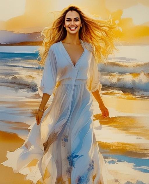 Smiling Woman in Flowing Dress on Beach at Sunset