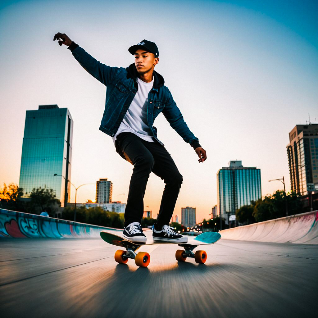Young Man Skateboarding at Sunset in Urban Setting Young Man Skateboarding at Sunset in Urban Setting