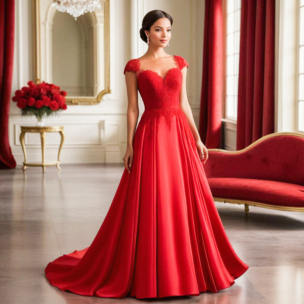 Elegant Woman in Red Gown with Lace Details