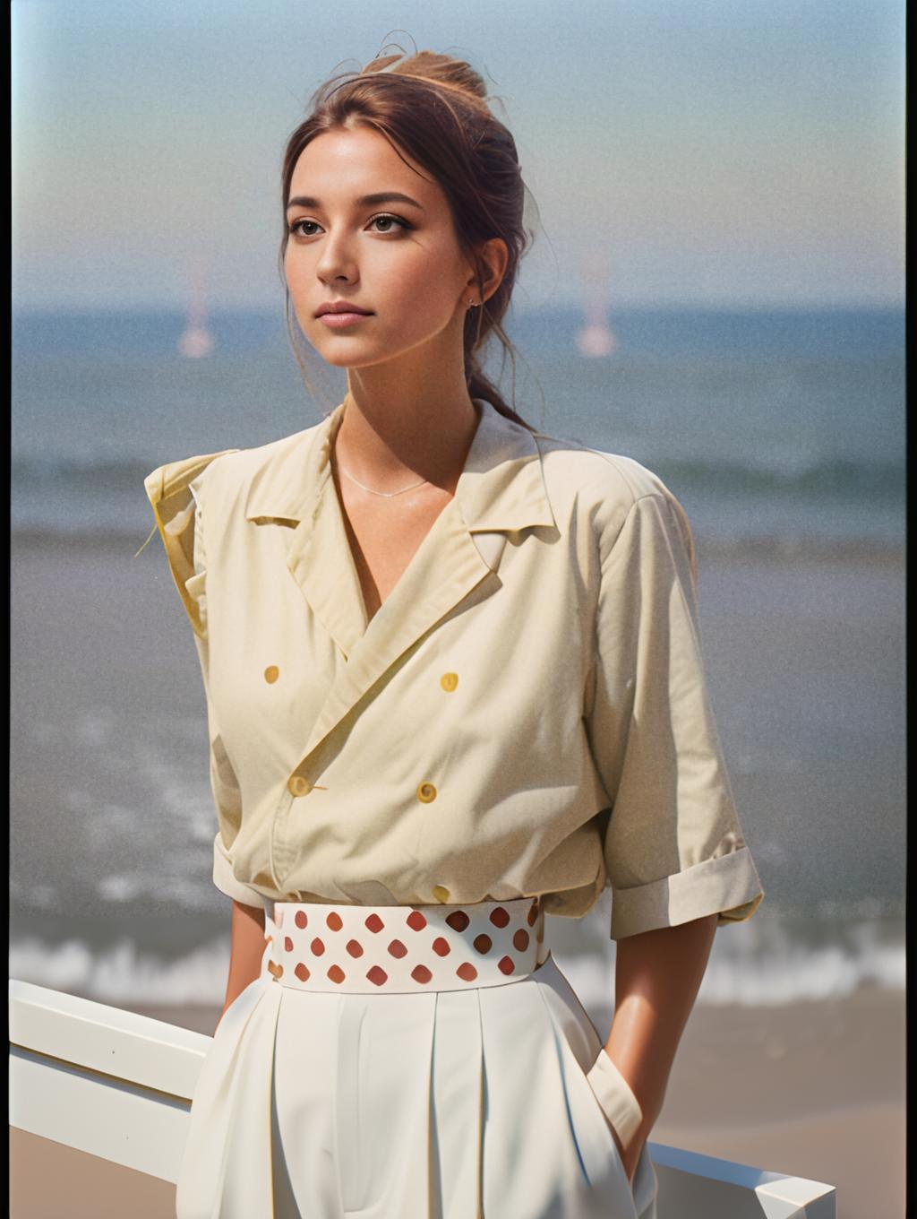 Elegant Young Woman in Beige Shirt and Polka Dot Belt by the Seaside