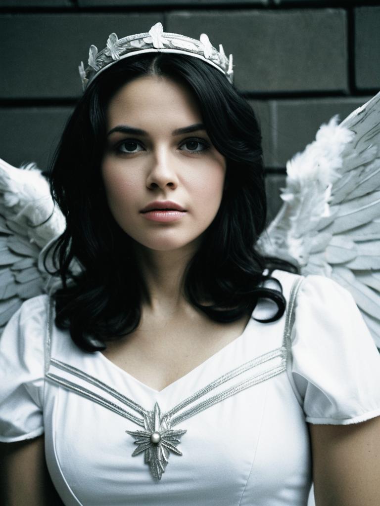 Woman in Angel Costume Cosplay Editorial Headshot with Realistic Tones