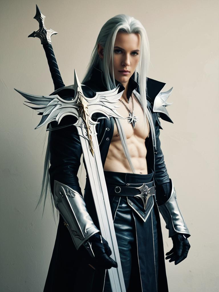 Man Cosplay Wearing Sephiroth Final Fantasy Costume with Sword