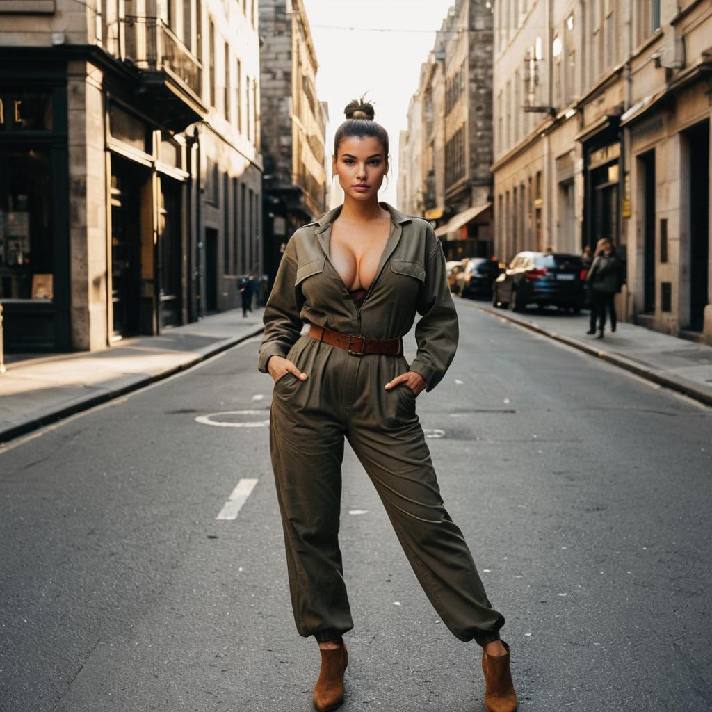 Fashionable Woman in Olive Green Jumpsuit Standing on Urban Street