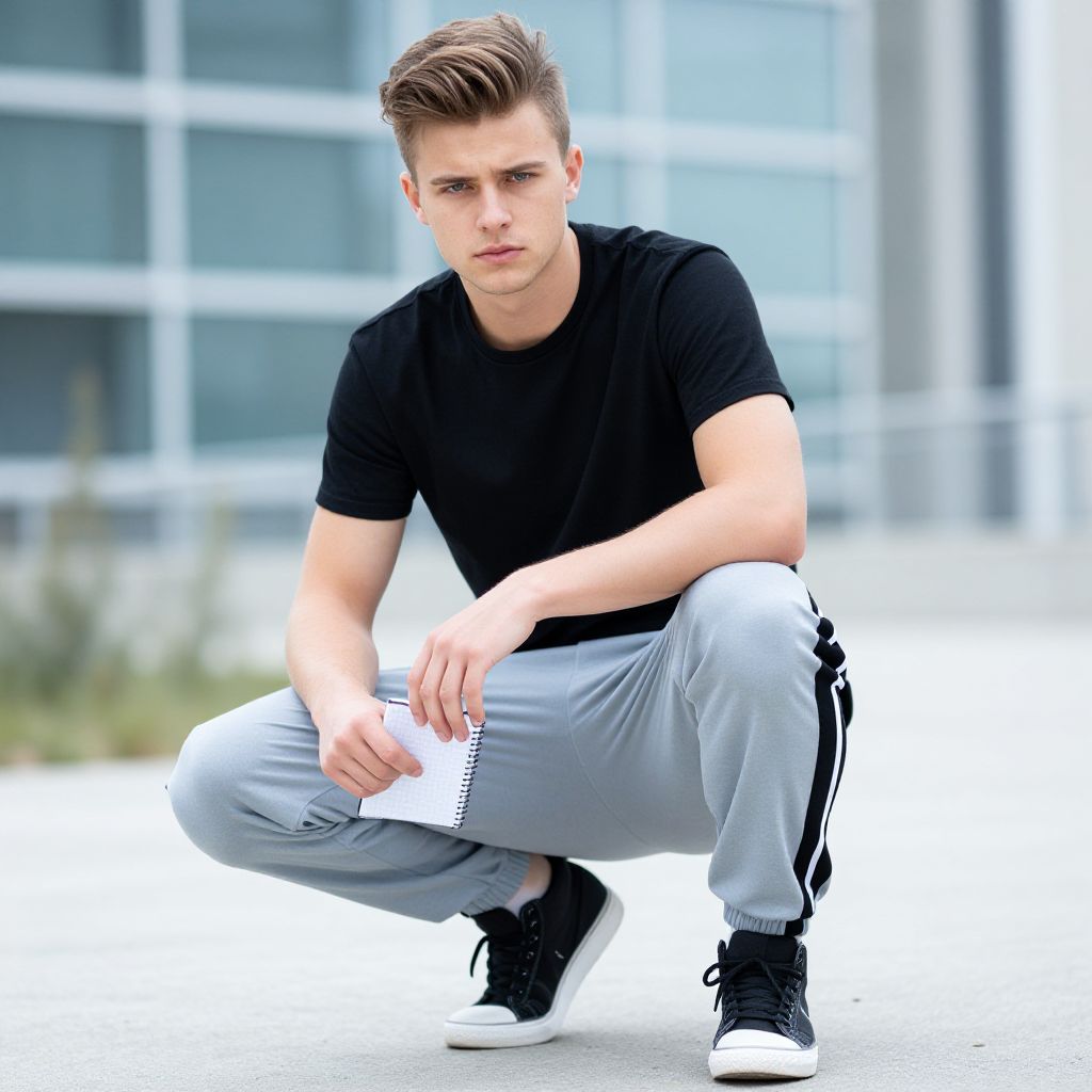 Young Man Crouching Outdoors in Casual Athletic Wear Holding Notepad