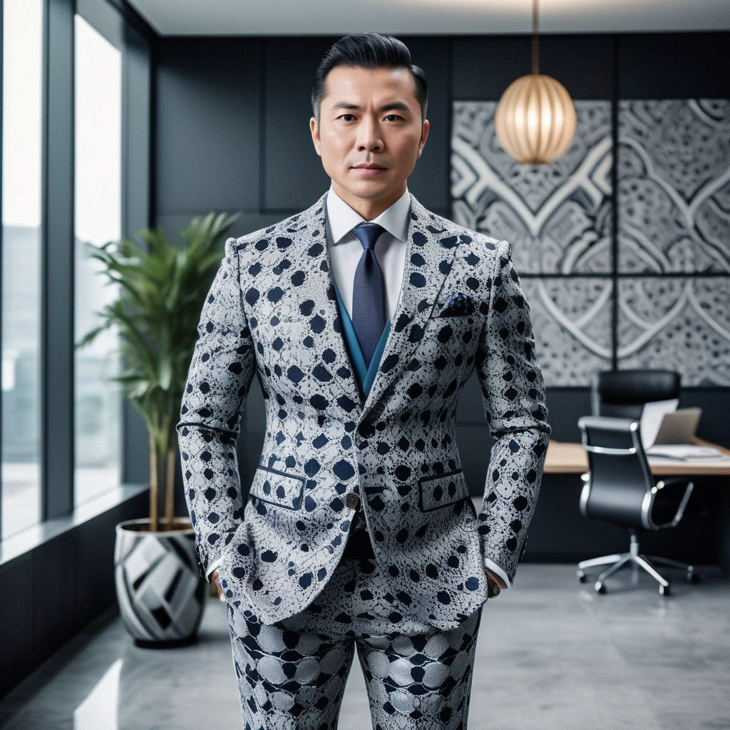 Confident Man in Patterned Suit in Modern Office Confident Man in Patterned Suit in Modern Office