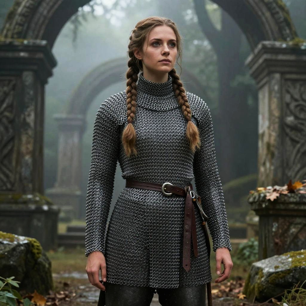 Young Woman in Medieval Chainmail Armor Standing in Ancient Stone Archway